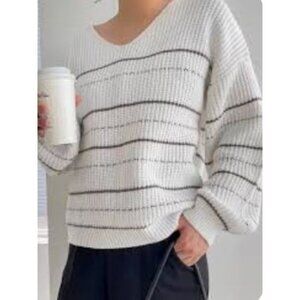 Vintage Cream & Brown Striped Knit Sweater metalic gold stripes size Medium